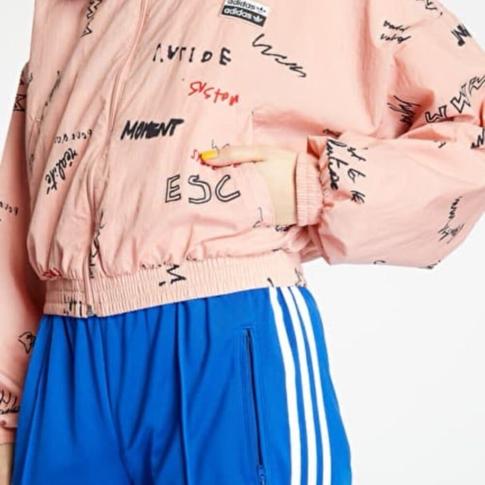 Adidas Originals RYV Allover Script Print Cropped Windbreaker Jacket Track Top - Picture 2 of 12